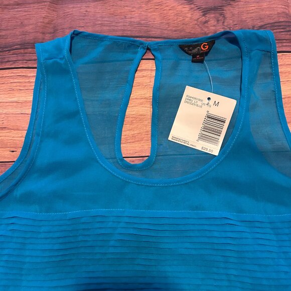 G by Guess Teal Pleated Sheer Tank Top Blouse - Keyhole Back - Size M - Picture 2 of 6
